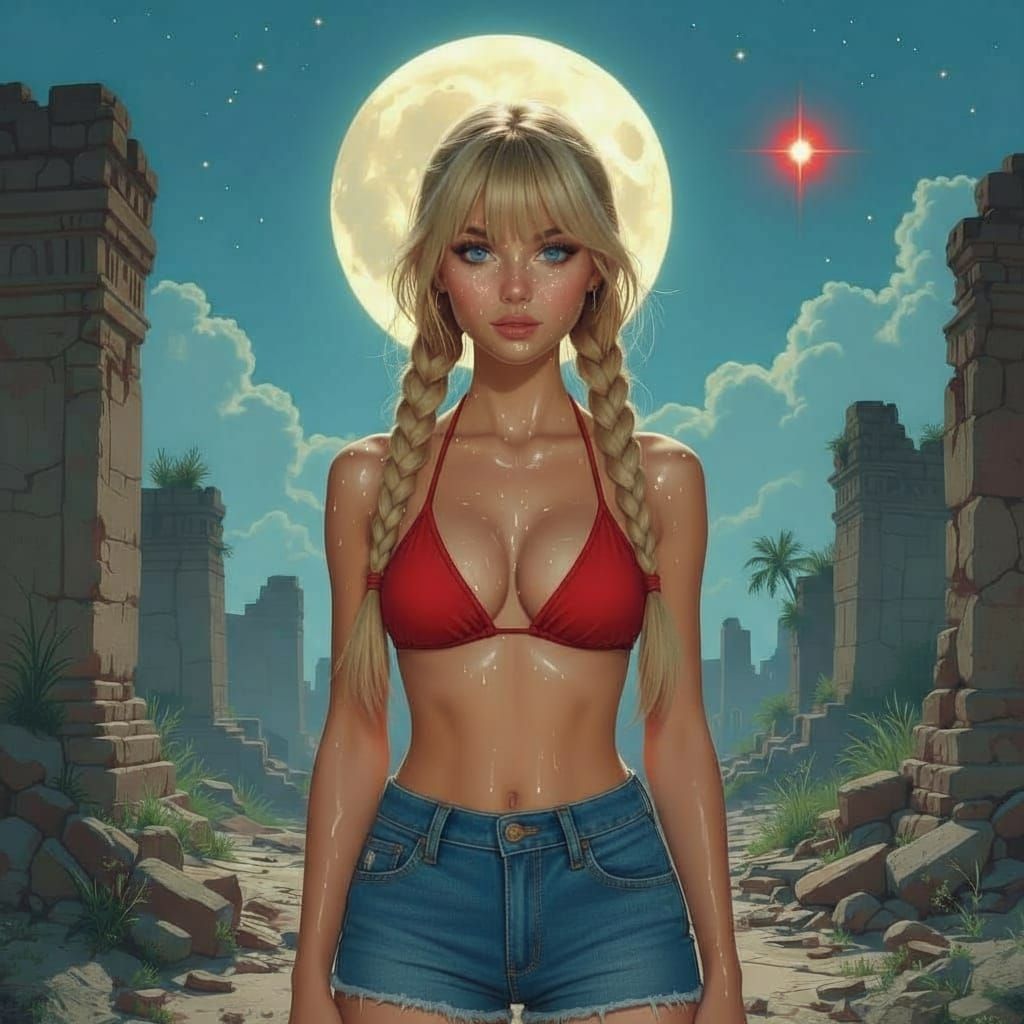 Nordic Woman in Jungle Ruins Under Ringed Moon