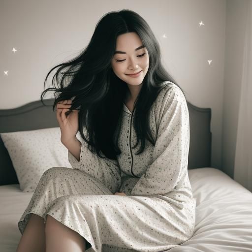a girl with long hair in pajamas standing on the bed and rea...