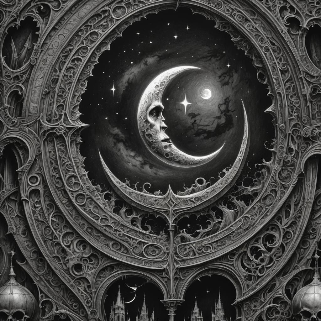 Gothic Crescent Moon Charcoal Drawing