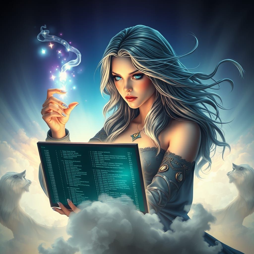 Digital Sorceress Crafting Spells in Art Nouveau Style
