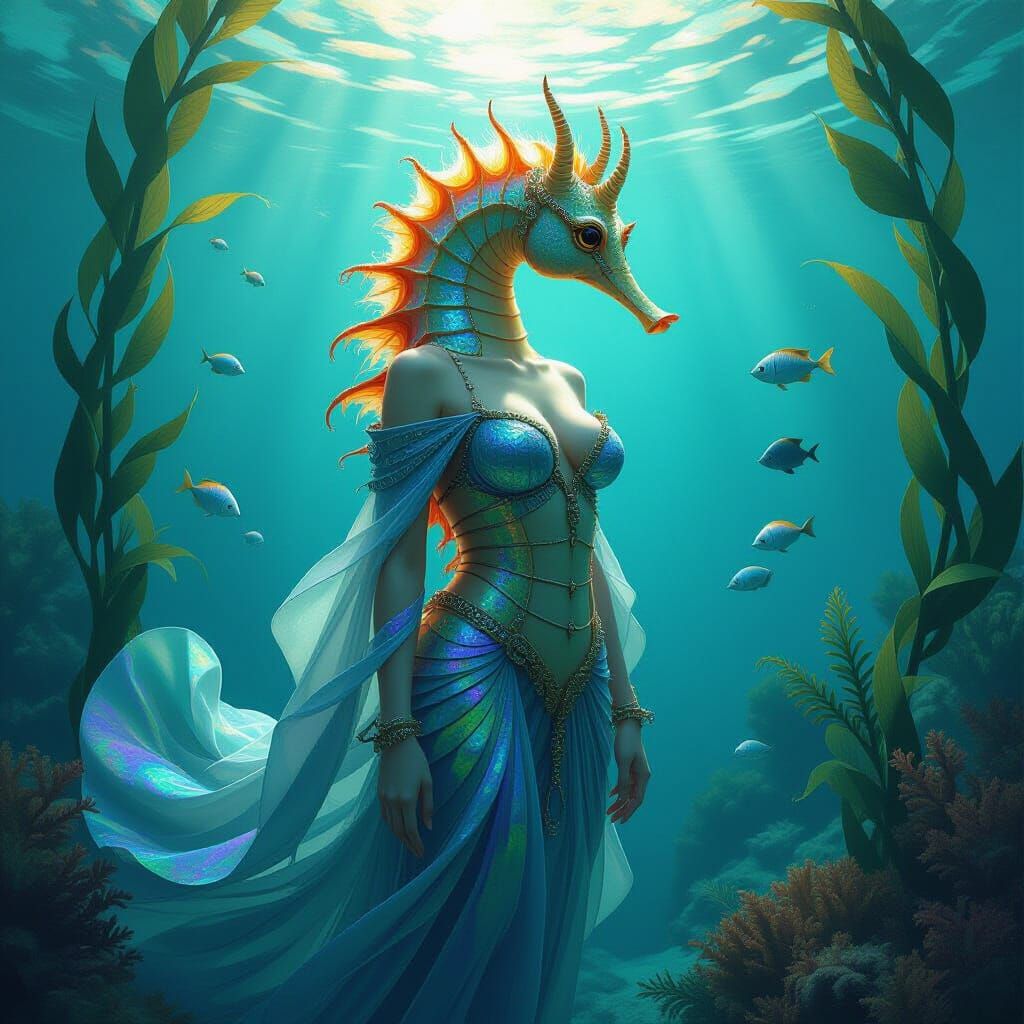 Iridescent Seahorse Goddess in Hyperrealistic Style