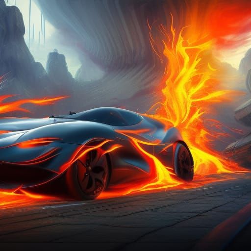 Flaming Car: Detailed Matte Painting in Deep Color
