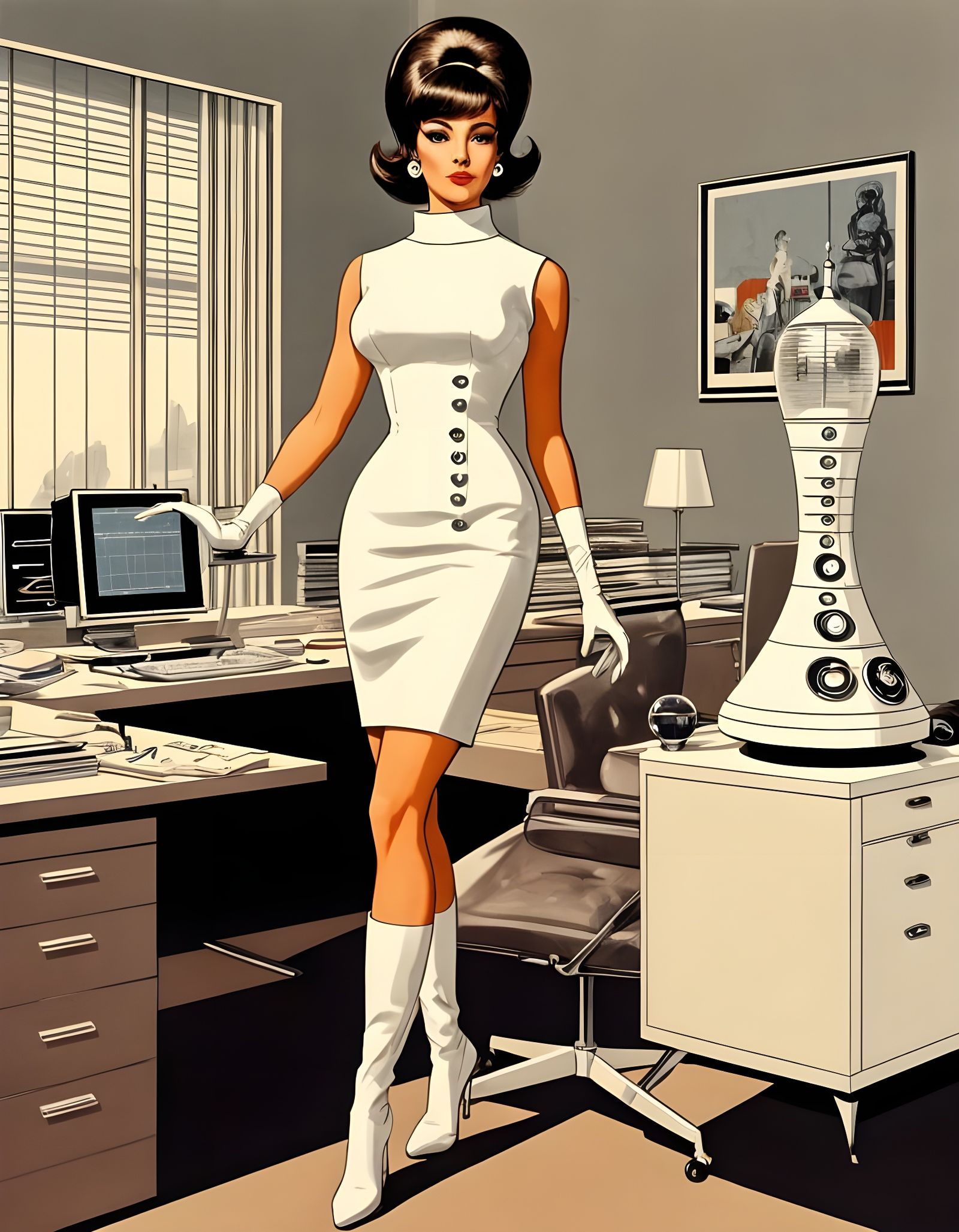 1960s Mod Pin-Up in Retro-Futuristic Office