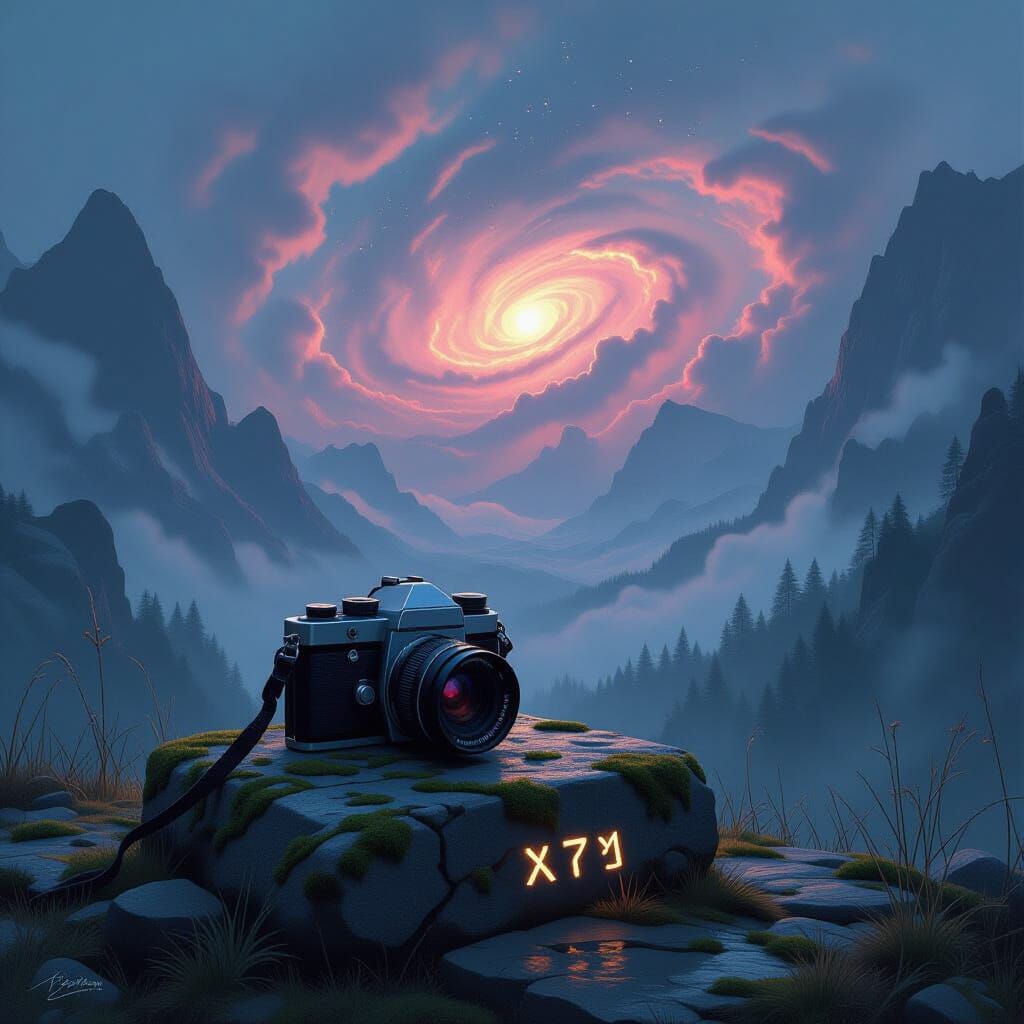 Weathered Camera Reflects Nebula in Digital Painting