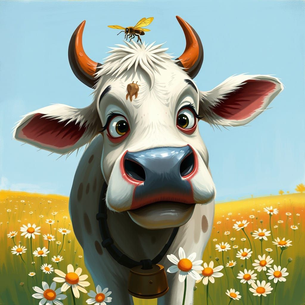 Expressive Cow in Whimsical Disney-Inspired Landscape