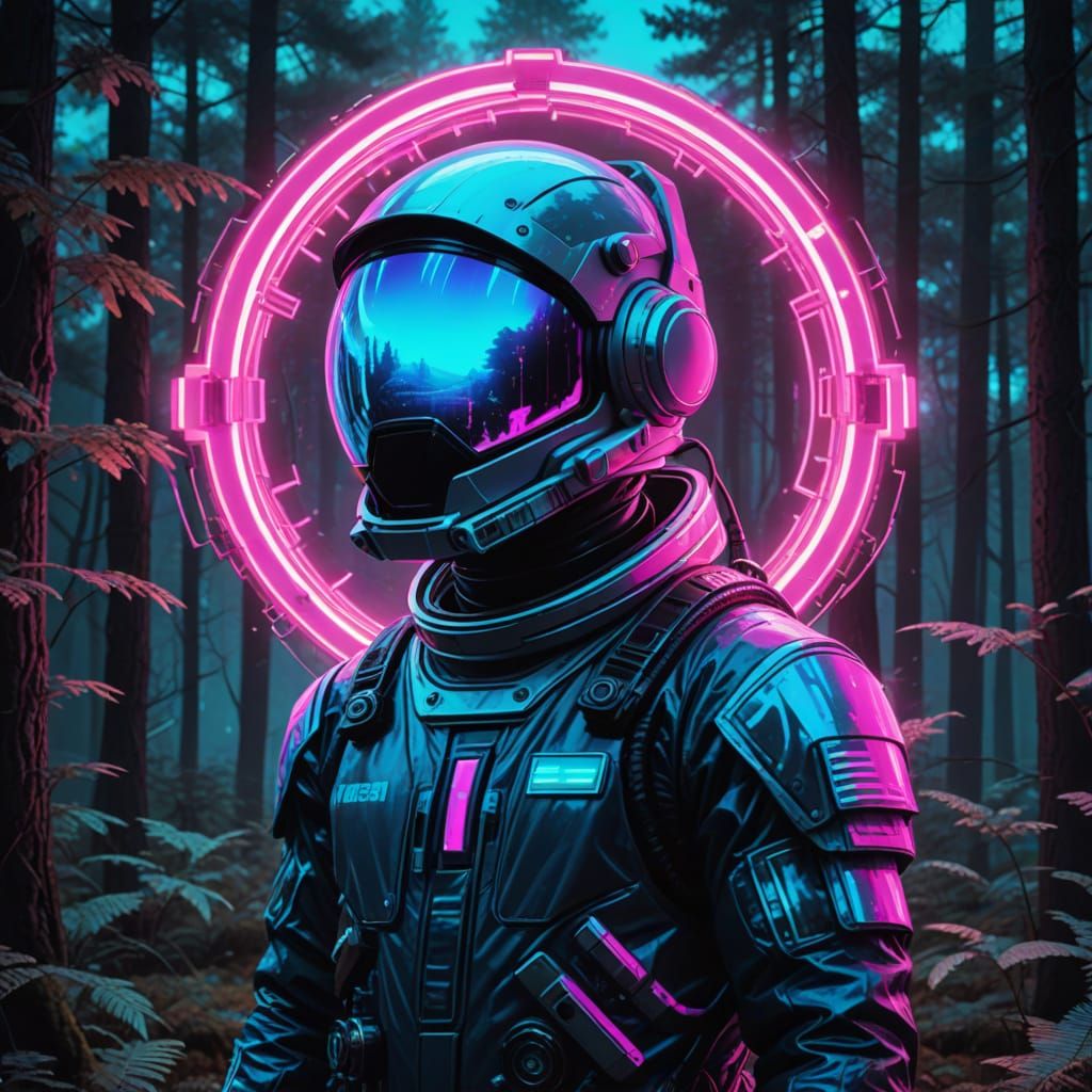 Neon Astronaut Standing Before Glowing Portal