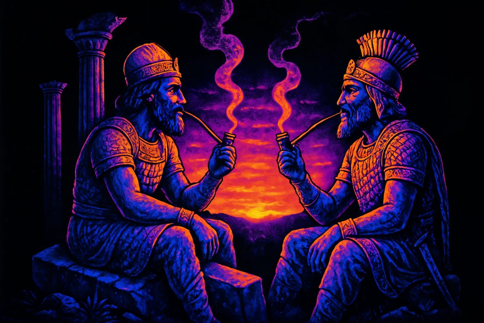 Ancient Warriors Relaxing at Sunset in Blacklight Style