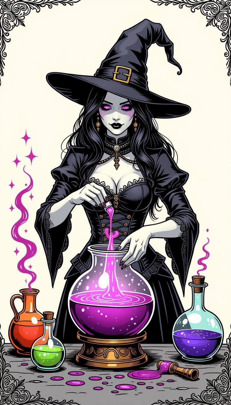 Gothic Figure Brews Potions in Dark Fantasy Art