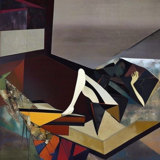 Slender angular androgynous figure lounging on sofa with distinctive expressive eyes, collage aesthetic, textures, hues,...