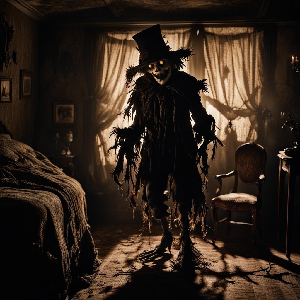 Venomous Scarecrow in Eerie Bedroom, Gothic Horror Art