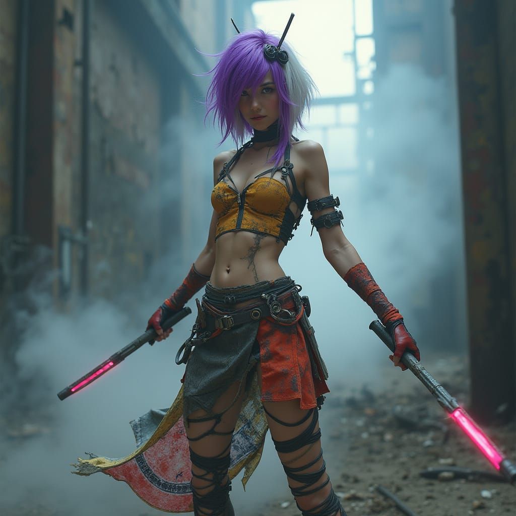 Cyberpunk Warrior in Derelict Factory, High-Contrast