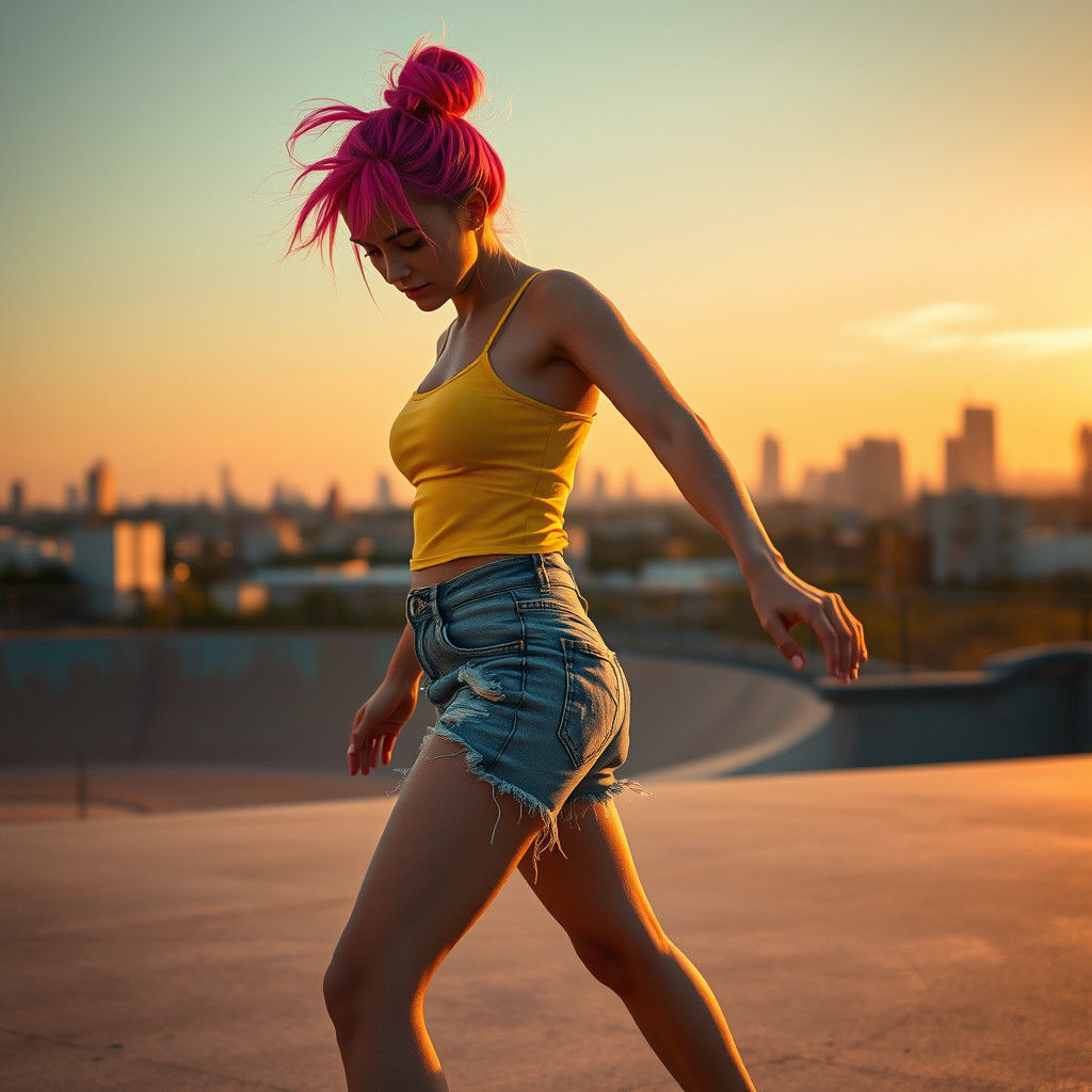 Pink-Haired Skateboarder at Golden Hour, Cinematic Style