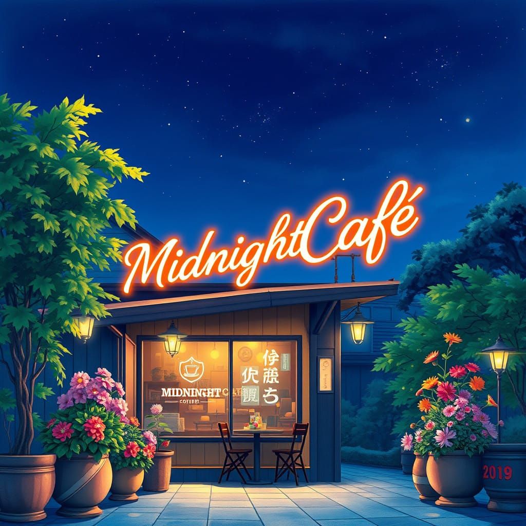 A Whimsical Anime-Style Coffee Shop Under Starry Night Skies