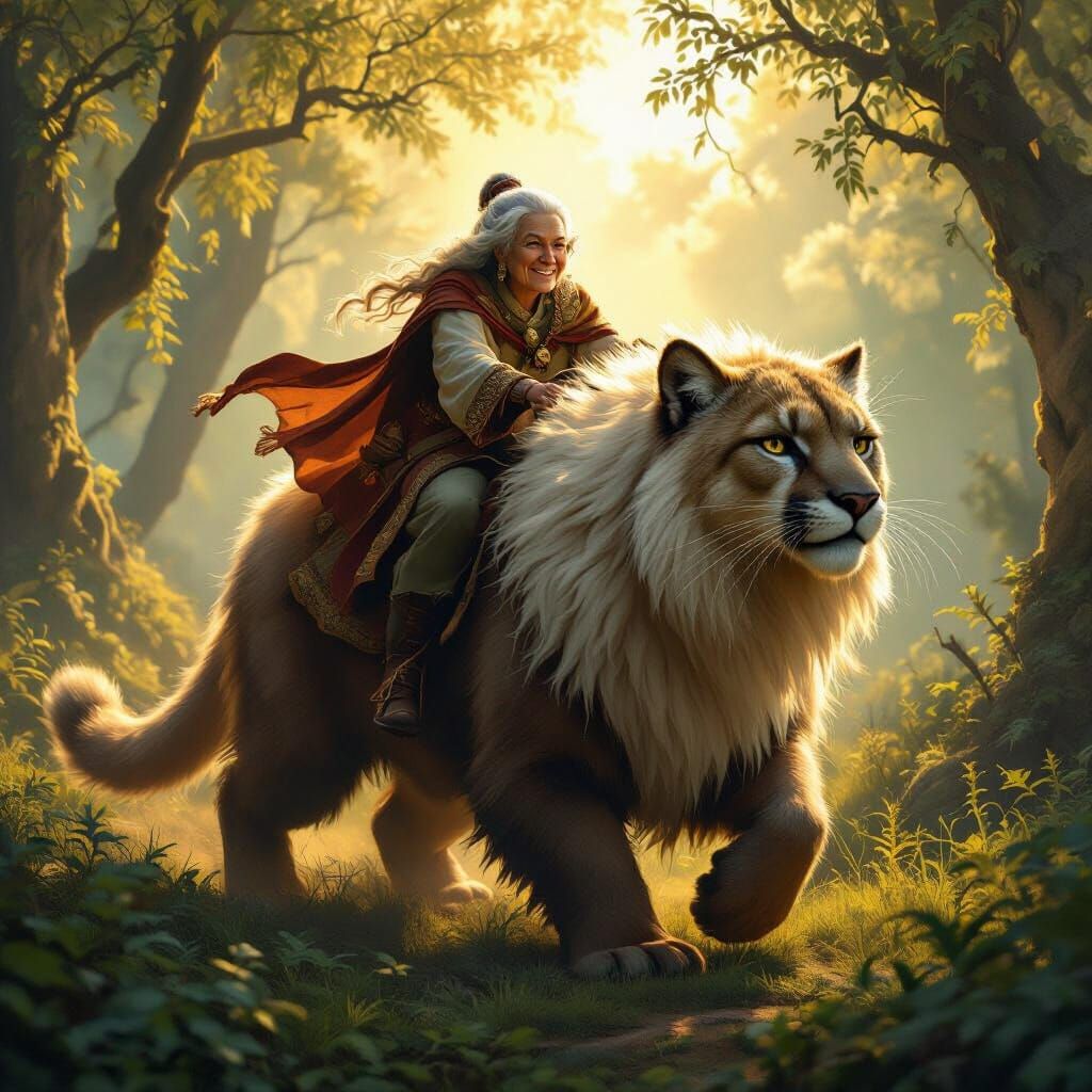 Elderly Woman Rides Puma in Serene Fantasy Forest