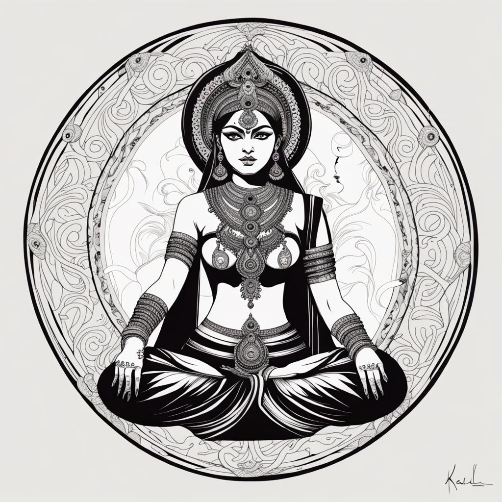 Goddess Kali in Circle: Black and White Line Art