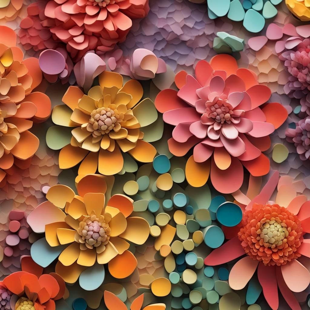 Junk Journal Background, 3d Abstract Shapes Mosaic Textured Gouache Oil Paint, Zinnia Color Palette, 3d Shading, Deep De...