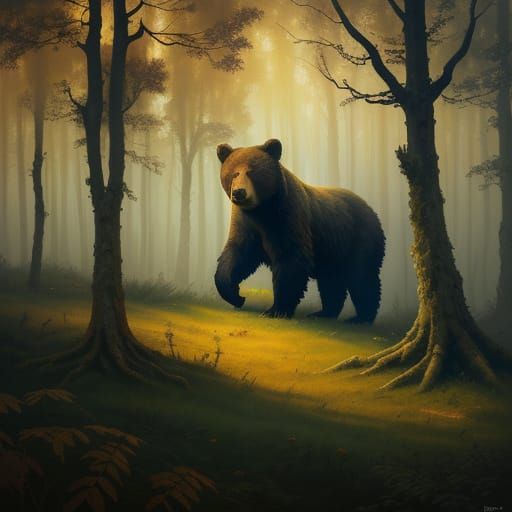 Surrealist Bear Lost in Forest: Oil Painting
