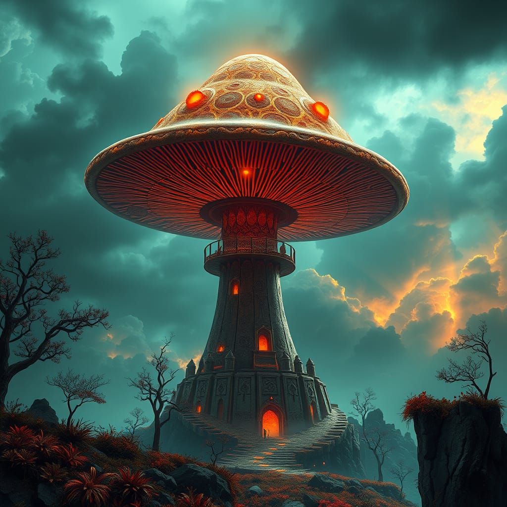 A giant mushroom resembling the Tower of Babel. intricate details, HDR, beautifully shot, hyperrealistic, sharp focus, 6...