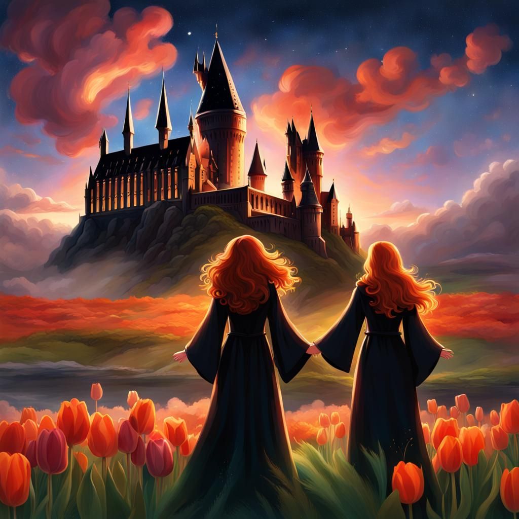 Pixar Style Art: Girls Gazing at Hogwarts