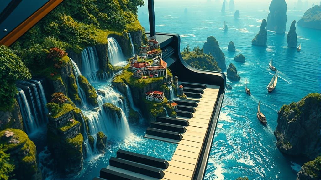 Surreal Grand Piano with Waterfall Keys and Miniature Cities