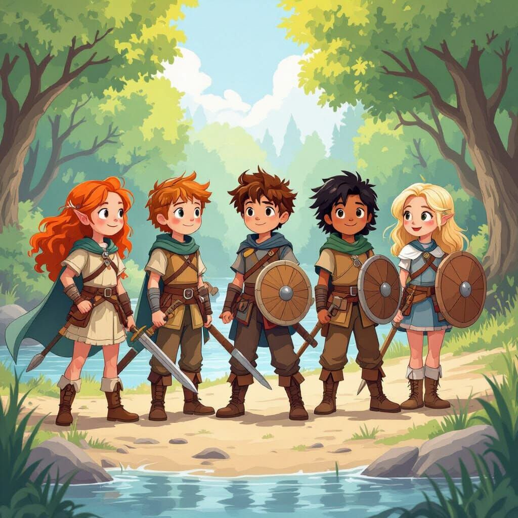 Pre-Teen Friends' River Adventure in Whimsical Style