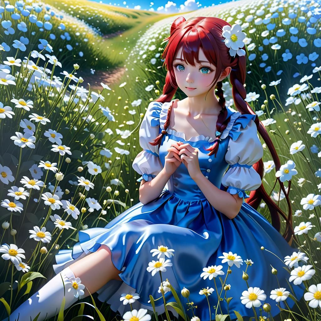 Anime Style Woman in Field of Flowers