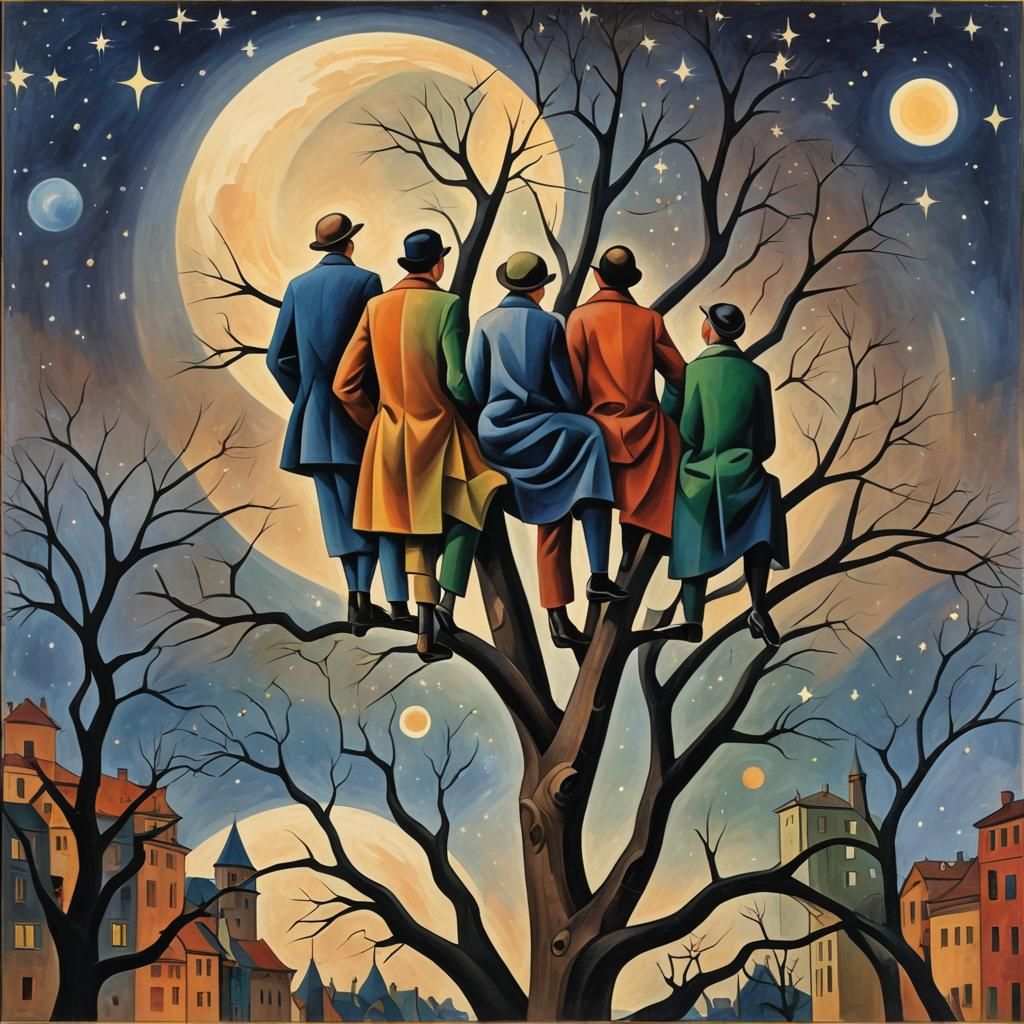 Abstract Cubist Figures Gaze at Starry Sky