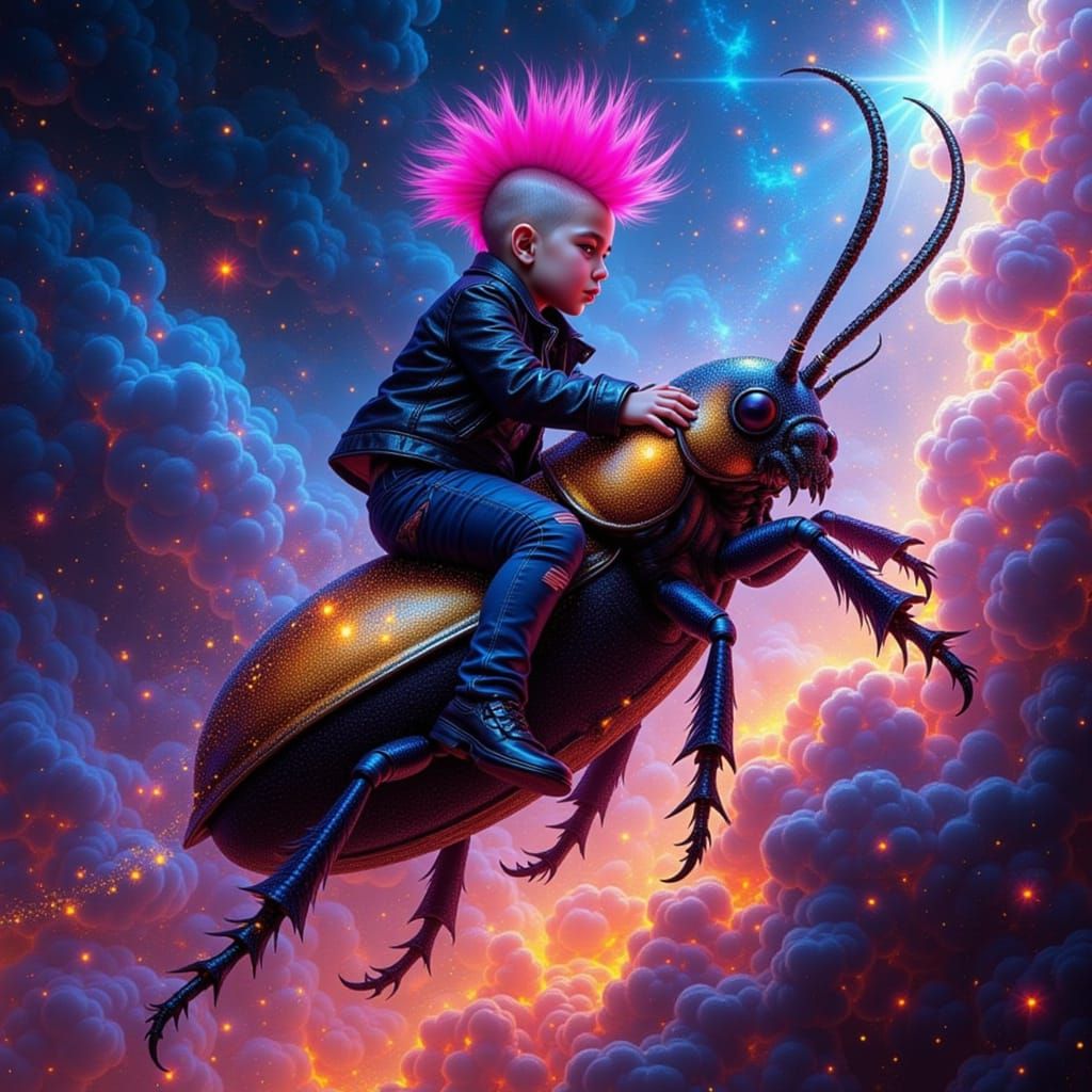 Child Rides Iridescent Beetle Through Cosmic Nebula