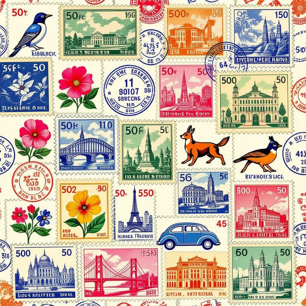 Colorful Stamp Collage Postcard in Documentary Style