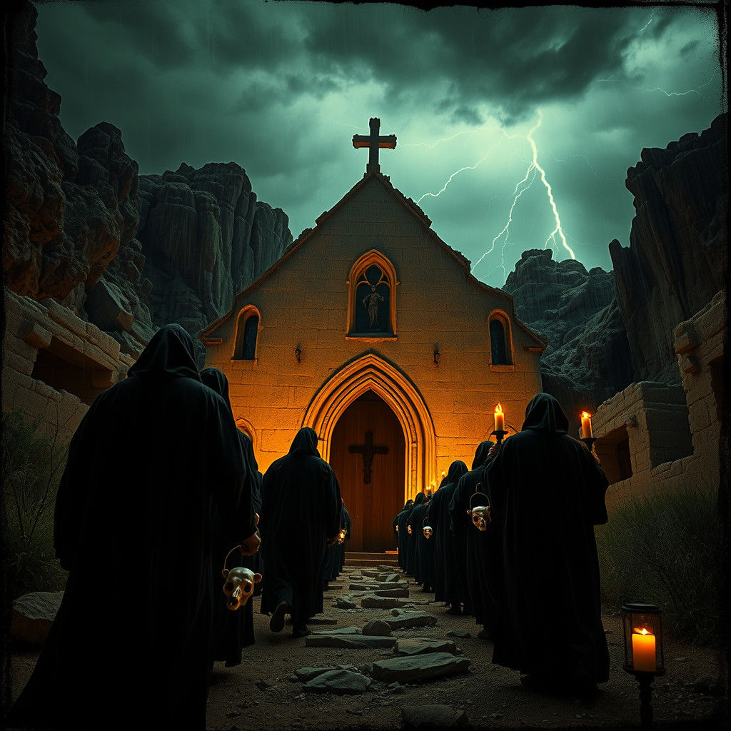 Eerie Procession Enters Ruined Church as Vintage Daguerreoty...