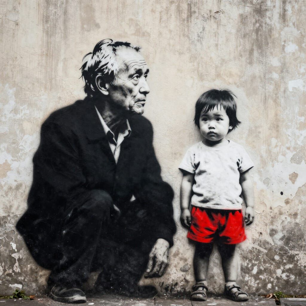 Stencil Art Contrasts Age and Optimism