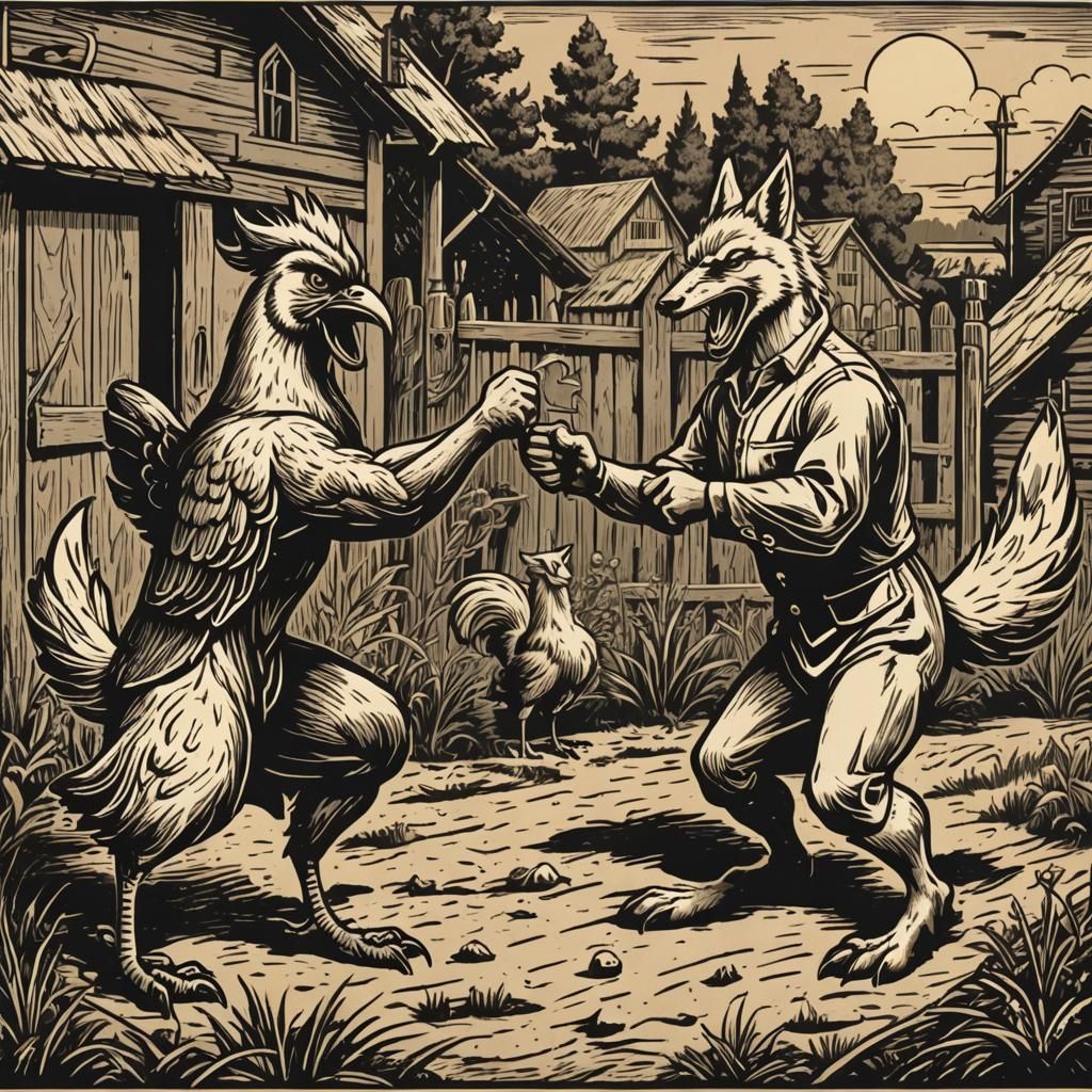 angry chicken man fighting a fox in a barnyard. woodcut
