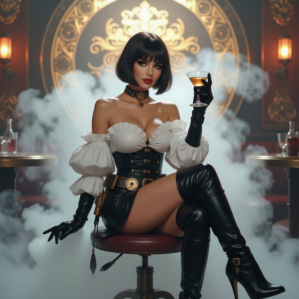 Steampunk Woman with Martini in Hyperrealistic Style