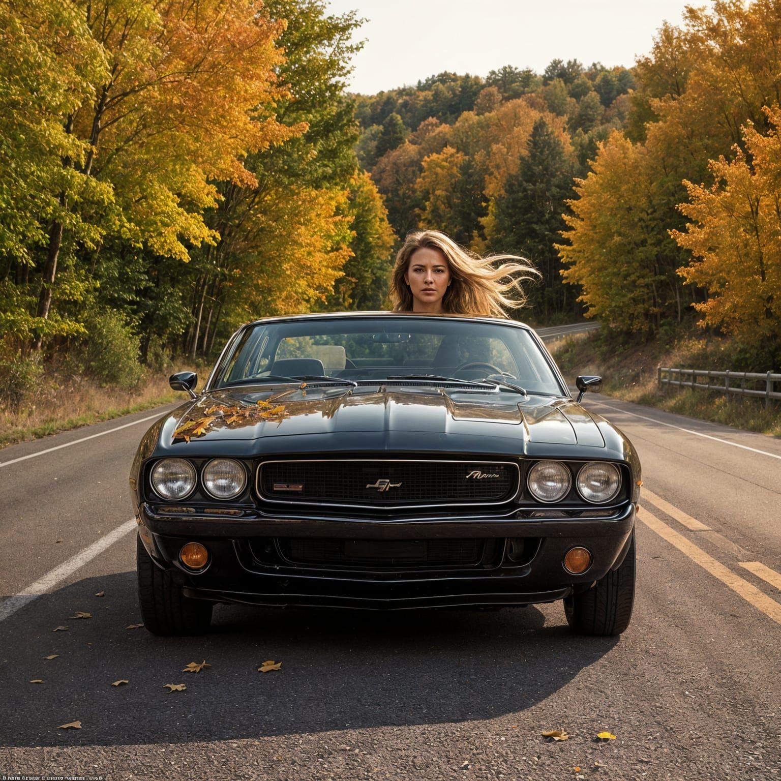 Muscle Car Speeds Through Autumn Landscape With Woman Driver