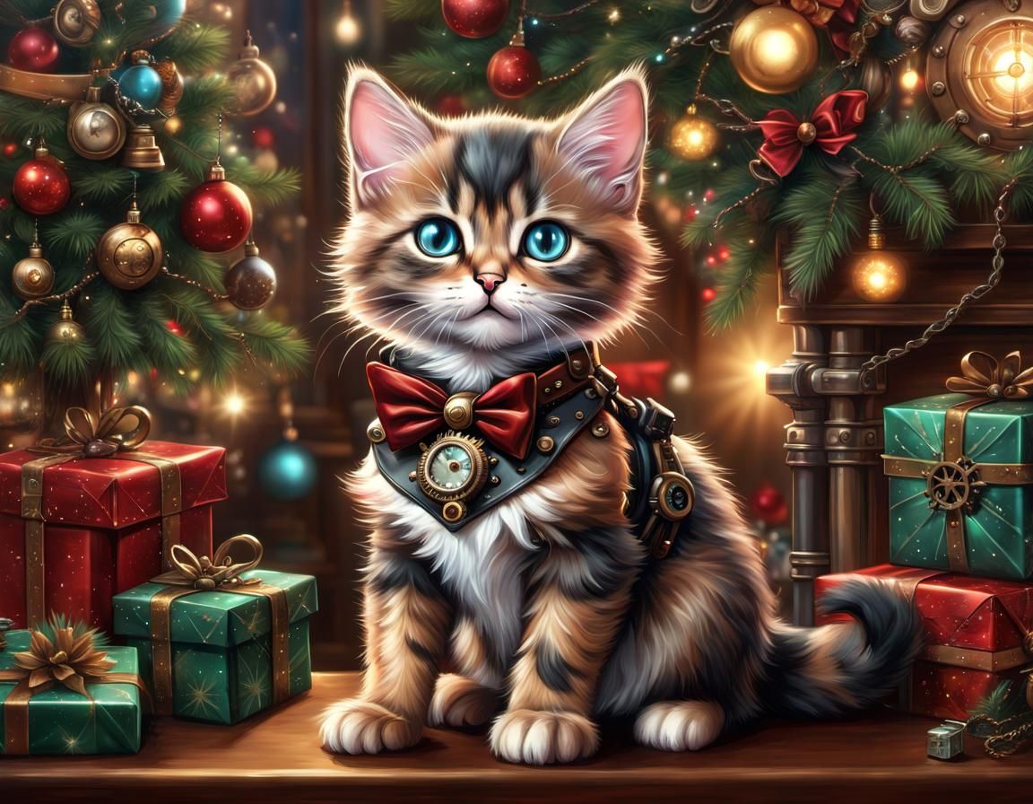 Steampunk Christmas Kitten in Festive Digital Painting