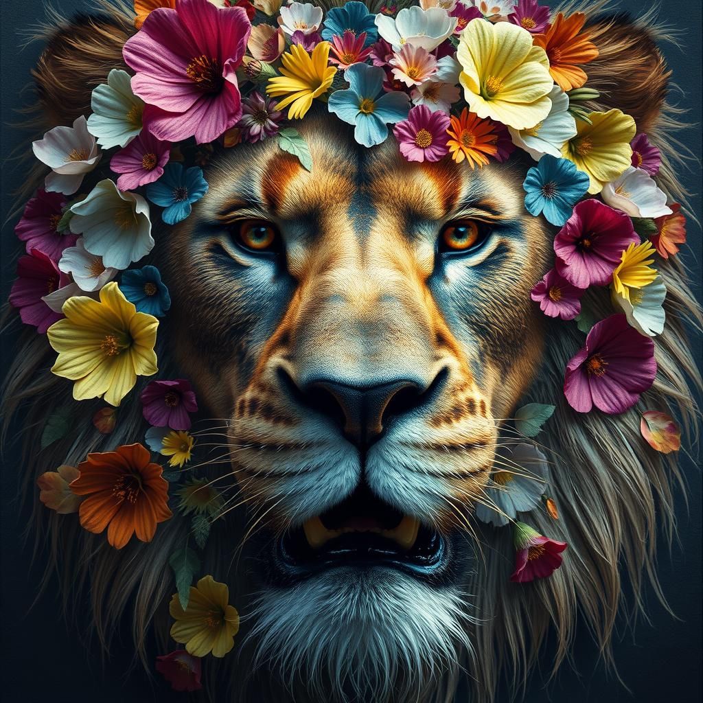 Colorful Lion Face Collage with Flowers