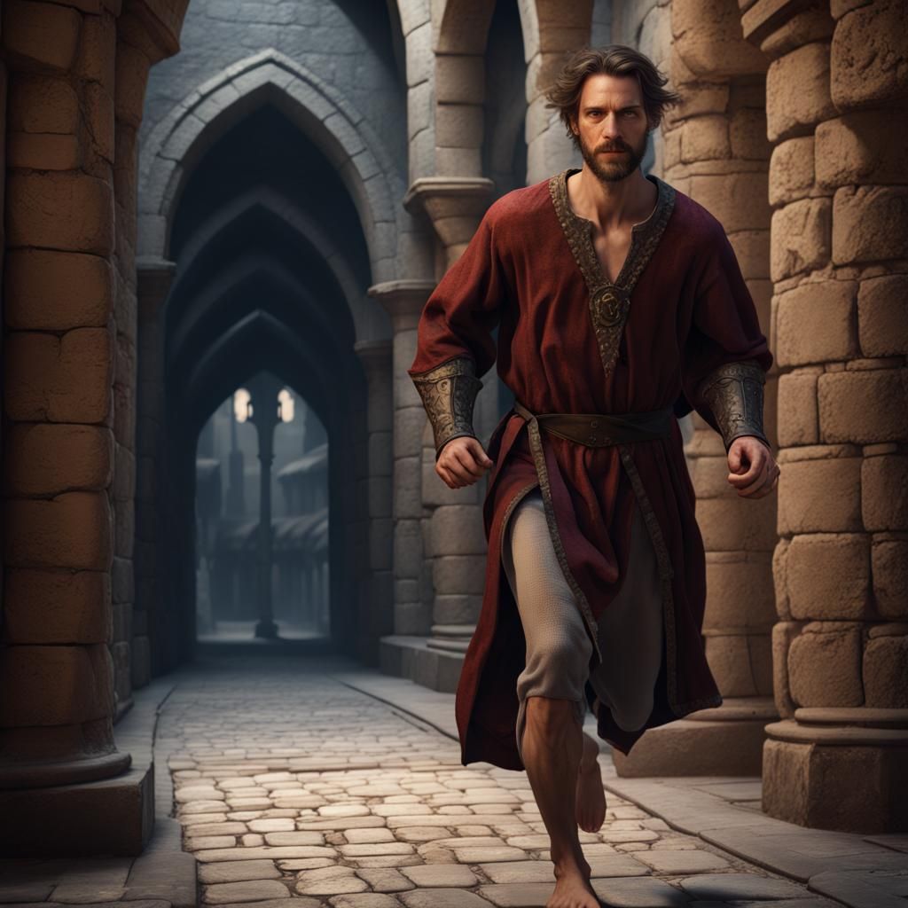 Medieval Man Runs Through Castle Halls: Matte Painting