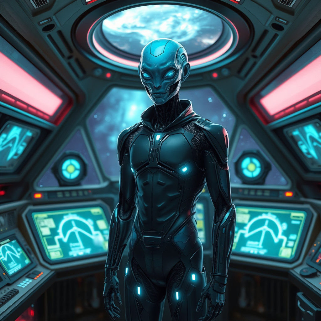 Alien Robot Pilot in Advanced UFO Control Room