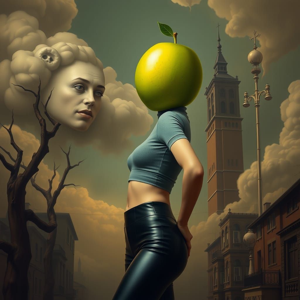Apple-Headed Woman in Surrealist Dreamscape