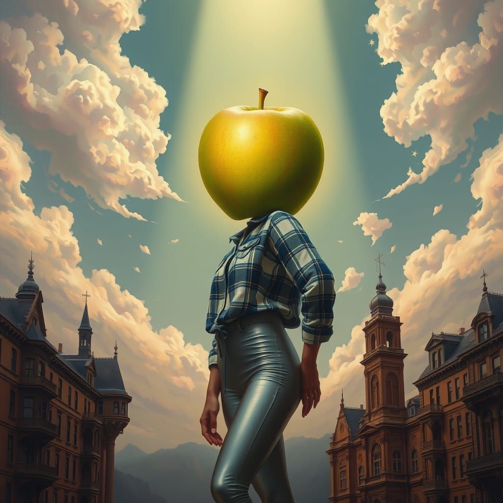 Apple-Headed Woman in Dreamy Surrealist Landscape