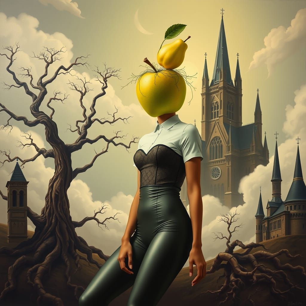 Apple-Headed Woman in Surrealist Dreamscape