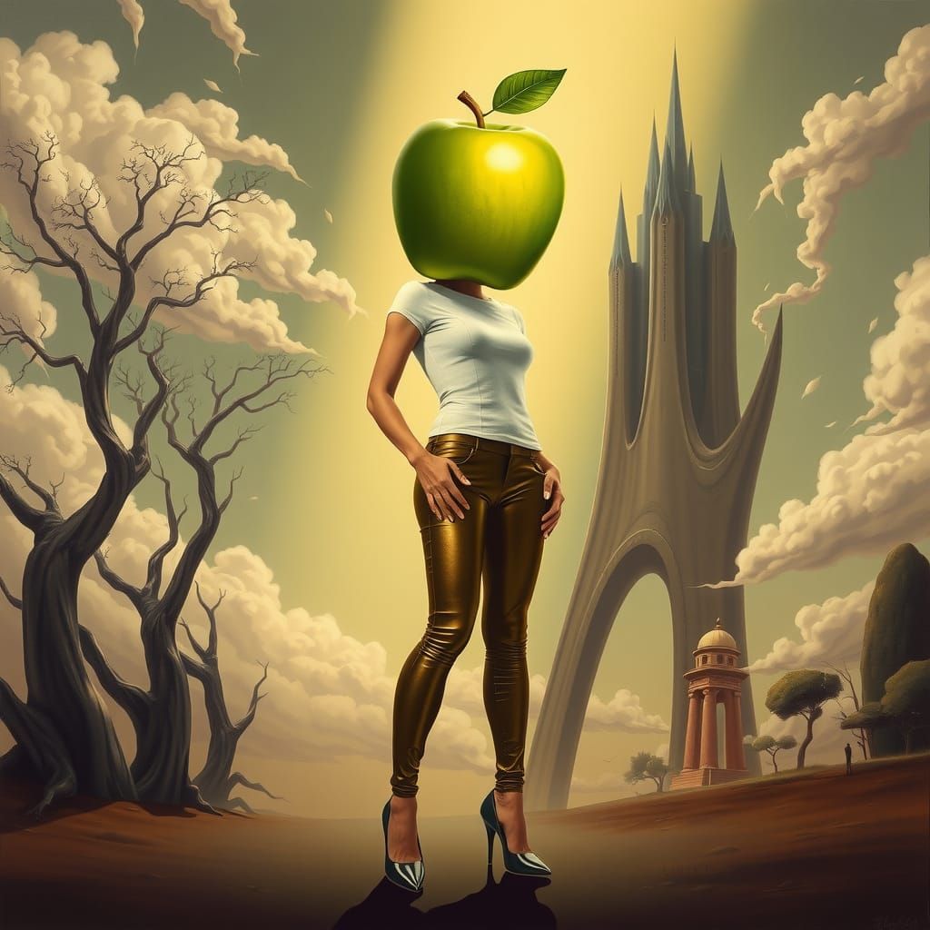 Surreal Apple-Headed Woman in Dream Landscape