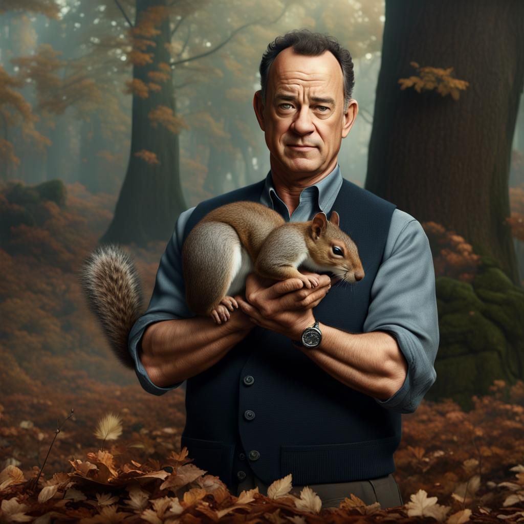 Hyperrealistic Tom Hanks Holding a Squirrel