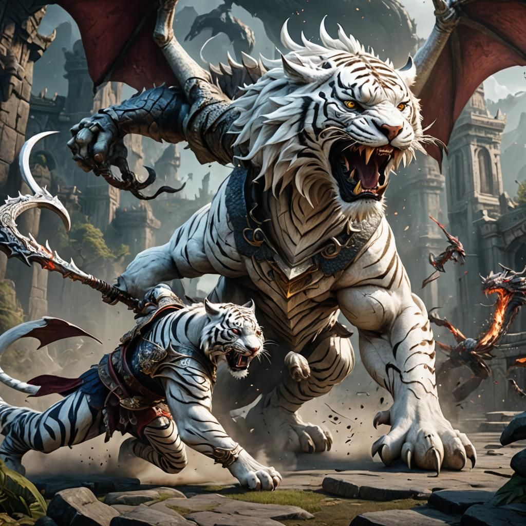 White Tiger Warrior Battles Dragon in Fantasy Art