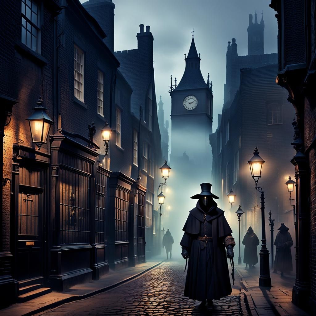 Plague Doctor Walks Foggy London Street