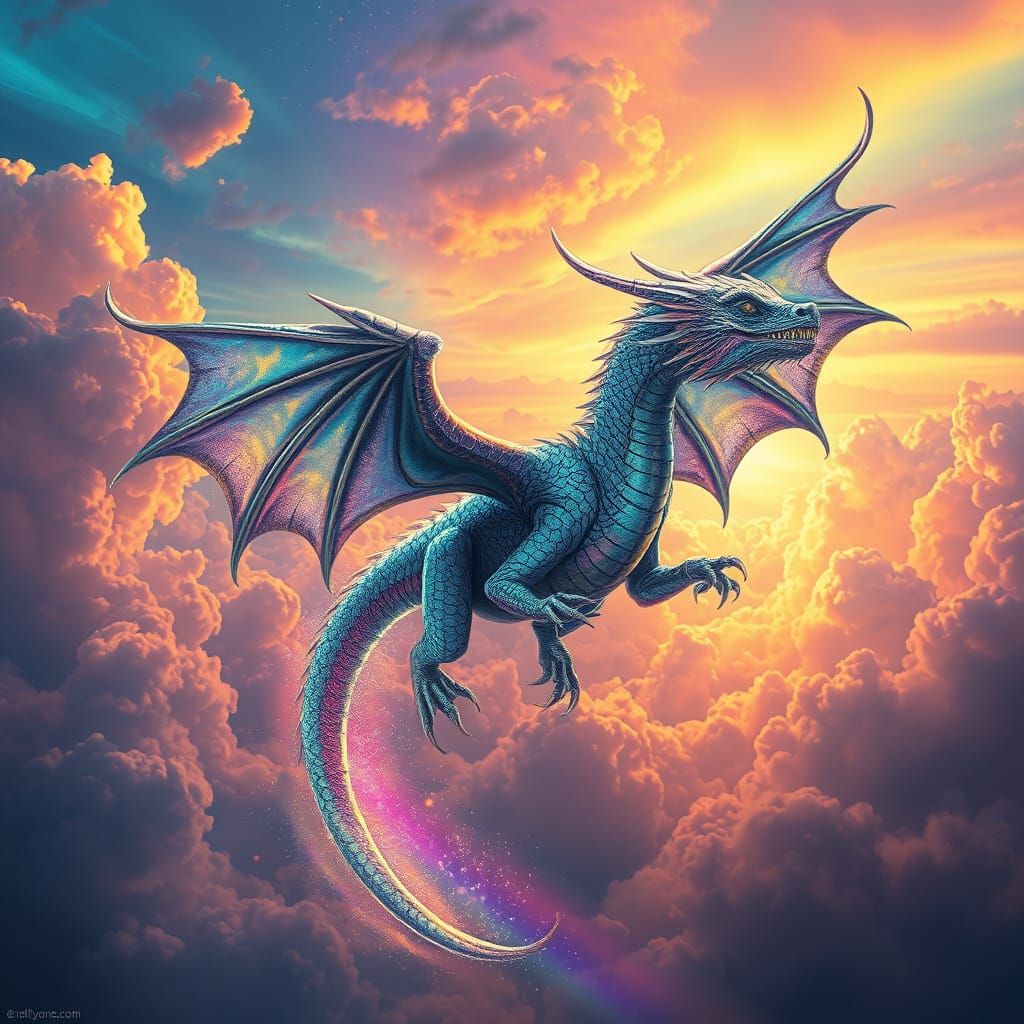 Iridescent Dragon Soaring Through Rainbow Sky