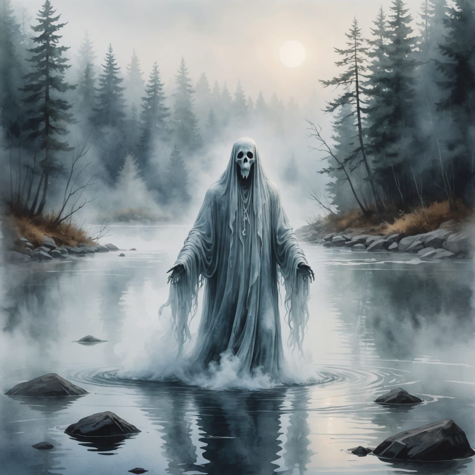 Ethereal Ghost Emerges from Foggy River: Watercolor Art