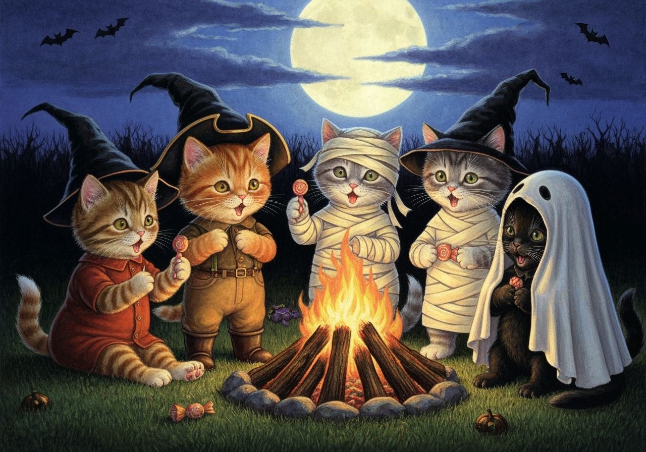 Singing Kittens Celebrate Halloween Around Bonfire