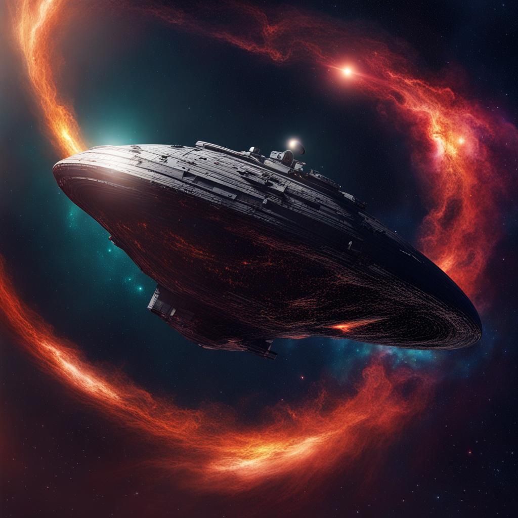 Galactic Starship Navigates Cosmos in Deep Color 3D