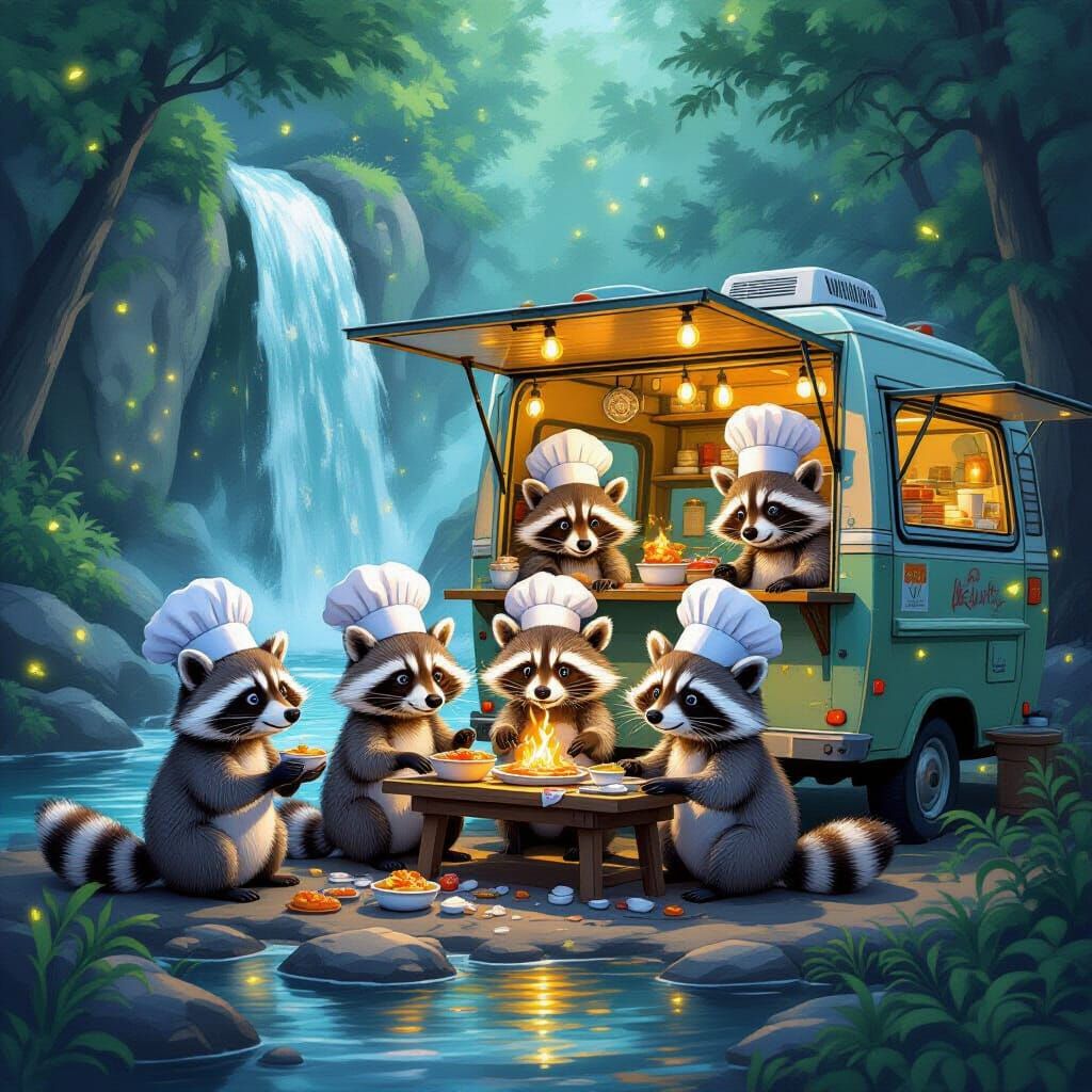 Raccoons Run Secret Gourmet Food Truck Behind Waterfall